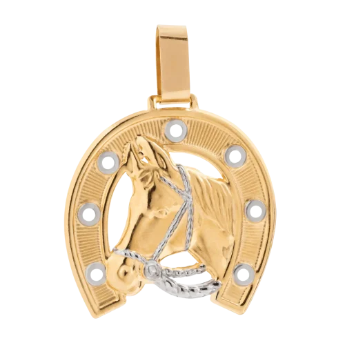 1523 - Pingente Ferradura com cavalo em ouro 18K