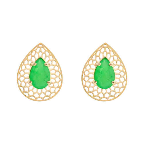1413 - Brinco gota vazado em ouro 18K Cravejado com Jade