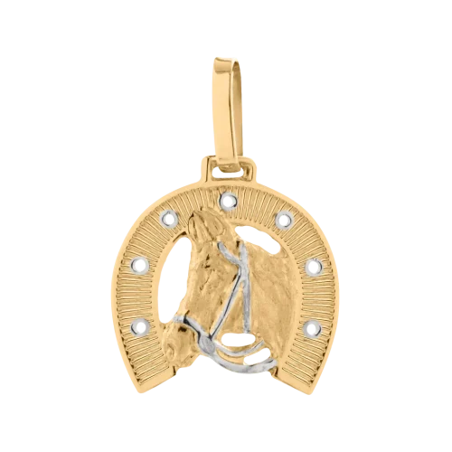 1490 - Pingente Ferradura com cavalo em ouro 18K