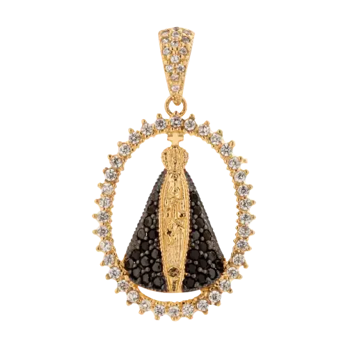 1496 - Pingente Nossa Senhora Aparecida em ouro 18K cravejada em zircônia